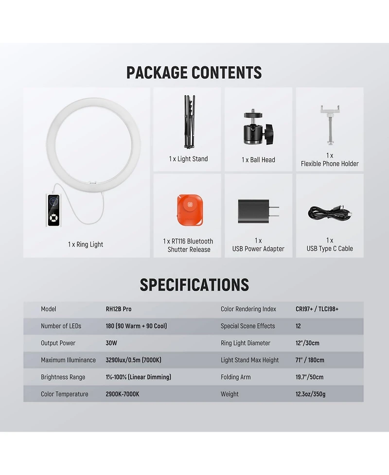 Neewer RH12B Ring Light with 30W, 3290lux, 7000K for select iPhone models