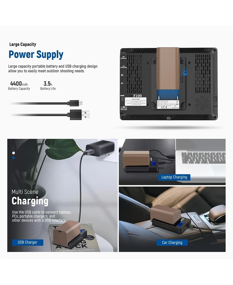 Neewer F100 Camera Battery and Charging Accessory with 7 Inch, 4400mAh