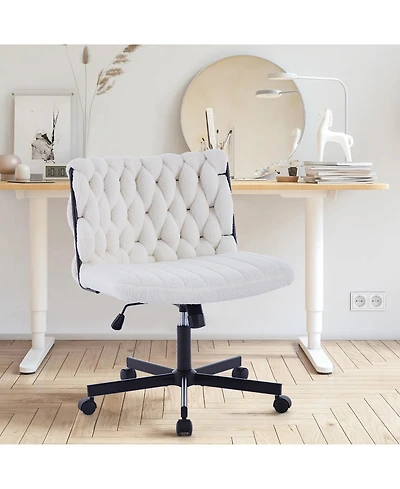 homfan Home Office Desk Chair with Wheels, Wide Seat Criss-Cross Armless Swivel Makeup Vanity Chair, Modern Cross-Legged Task Chair, Beige