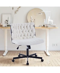 homfan Home Office Desk Chair with Wheels, Wide Seat Criss-Cross Armless Swivel Makeup Vanity Chair, Modern Cross-Legged Task Chair, Beige