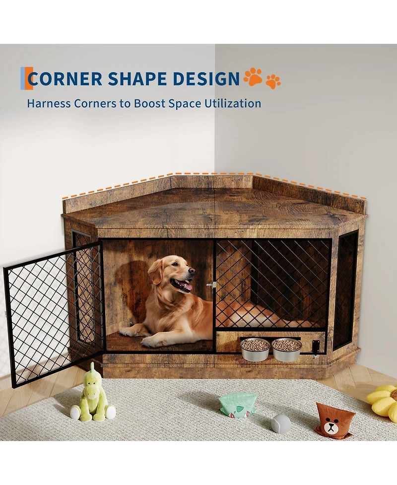 homfan 52 Corner Dog Crate with 360degrees Feeder Wooden Pet Kennel and Tv Stand, Multi-Function Storage Cabinet