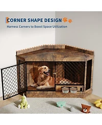 homfan 52 Corner Dog Crate with 360degrees Feeder Wooden Pet Kennel and Tv Stand, Multi-Function Storage Cabinet