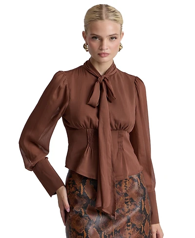 Avec Les Filles Women's Long Puff-Sleeve Scarf Neck Top
