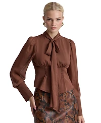 Avec Les Filles Women's Long Puff-Sleeve Scarf Neck Top