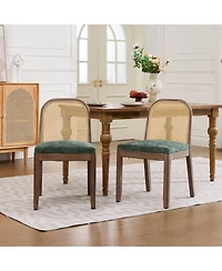 Rainsken Curved Arched Cane Back Dining Chairs Set of 2, Chenille Cushion, Solid Wood Frame, for Living Room