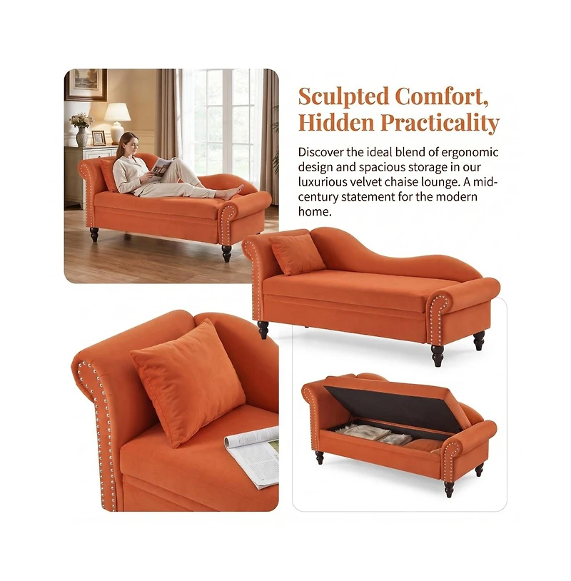 Rainsken 64.5-inch Modern Velvet Chaise Longue with Storage, Recliner,Left Armrest and Lumbar Support