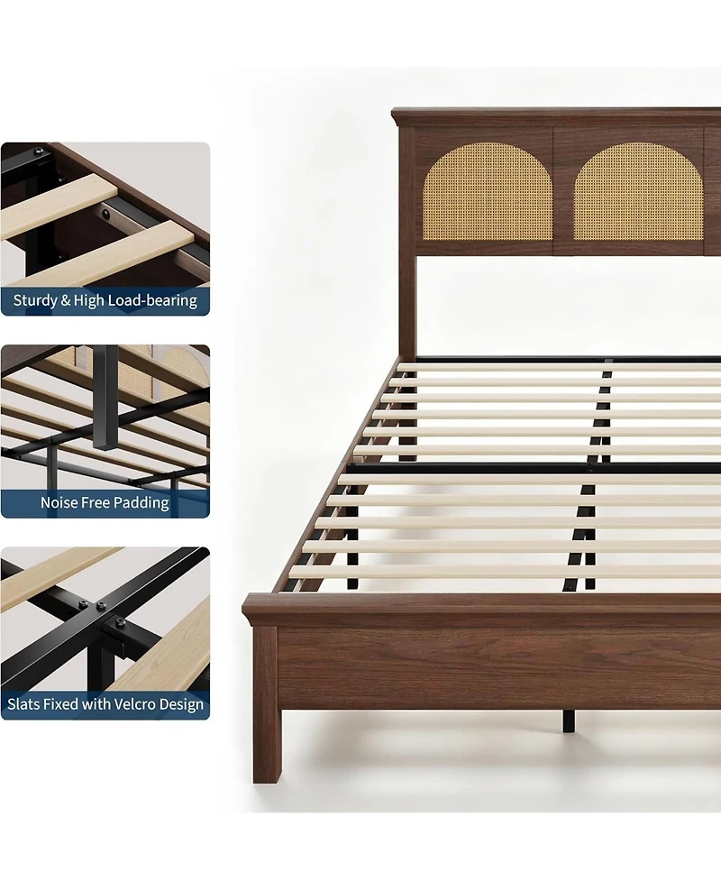 gaomon King Size Rattan Bed Frame - Boho Wooden Platform Bed with Natural Rattan Headboard, Silent Slats, No Box Spring Needed, Easy Assembly