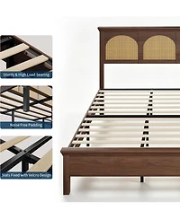 gaomon King Size Rattan Bed Frame - Boho Wooden Platform Bed with Natural Rattan Headboard, Silent Slats, No Box Spring Needed, Easy Assembly