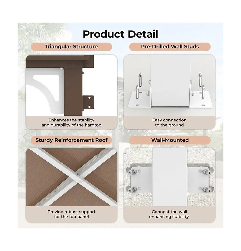 homfan Wall Mounted Gazebo Iron Frame Lean-to Canopy with Pc Roof, High-Low Patio Awning for Door Window Backyard