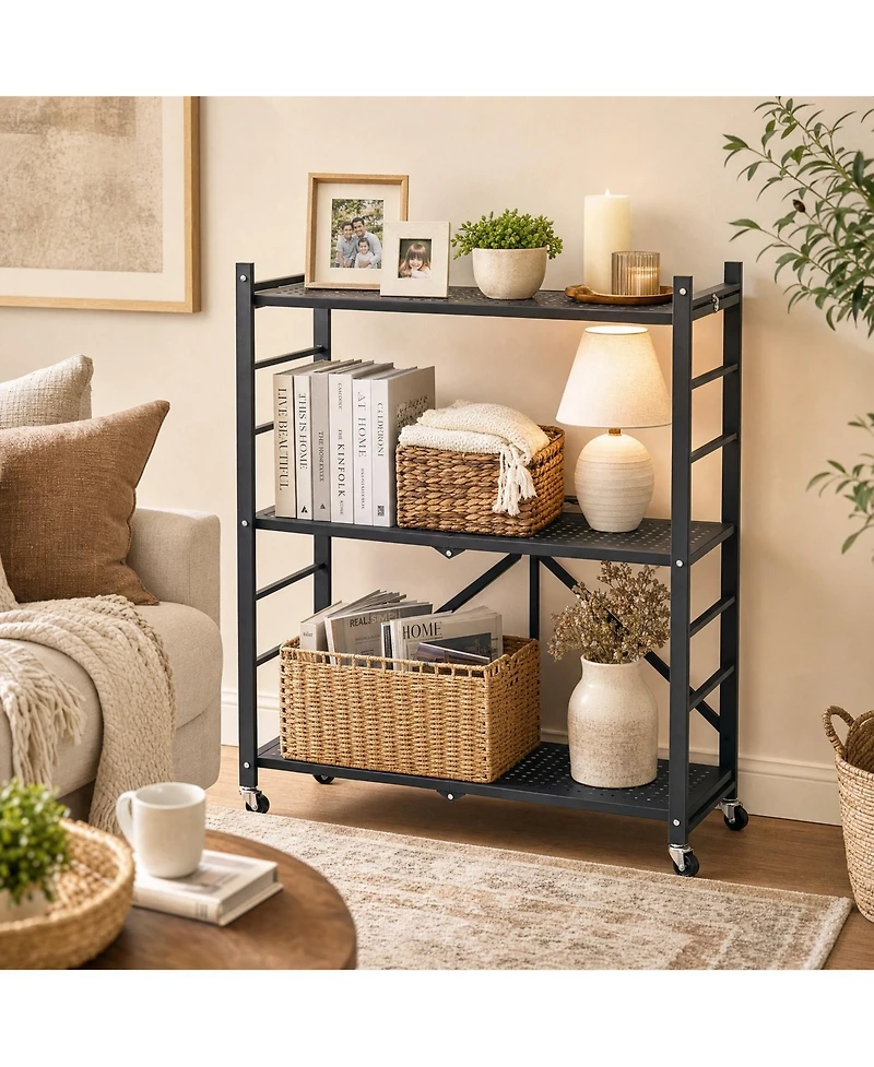 Viyet 3-Tier Foldable Storage Rack - 30"W No Assembly Metal Shelf with Wheels and Hooks