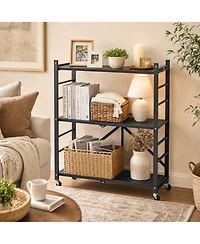 Viyet 3-Tier Foldable Storage Rack - 30"W No Assembly Metal Shelf with Wheels and Hooks