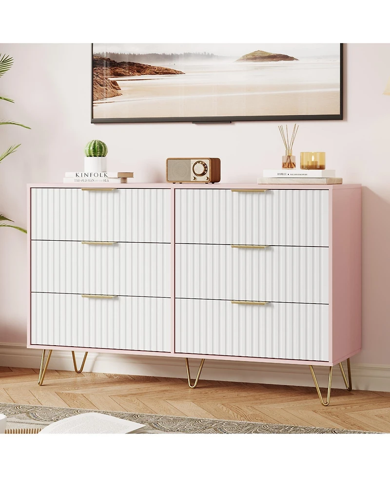 homfan 6 Dresser Drawers for Bedroom, 47" Wood Storage Dresser and Tv Stand with Metal Handles, Modern Closet Dresser for Bedroom, Living Room