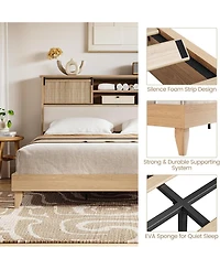 homfan King Size Oak and Rubber Wood Rattan Platform Bed, Noise-Free Pine Slat Support Bed Frame, Tool-Free Quick Assembly Bedroom Bed