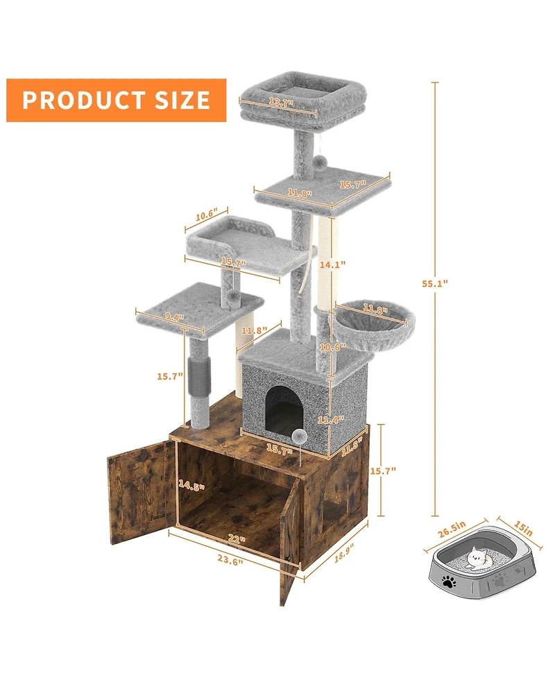 homfan Cat Tree with Litter Box Enclosure Large, Multilevel Play House Condo, Spacious Hammock, Cozy Top Perch, Scratching Post & Balls