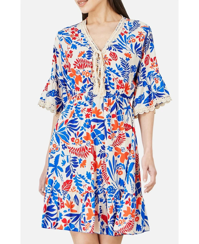 Yumi Women's Leaf Print Kimono Sleeve Tunic Dress
