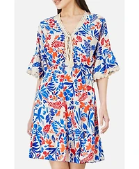Yumi Women's Leaf Print Kimono Sleeve Tunic Dress