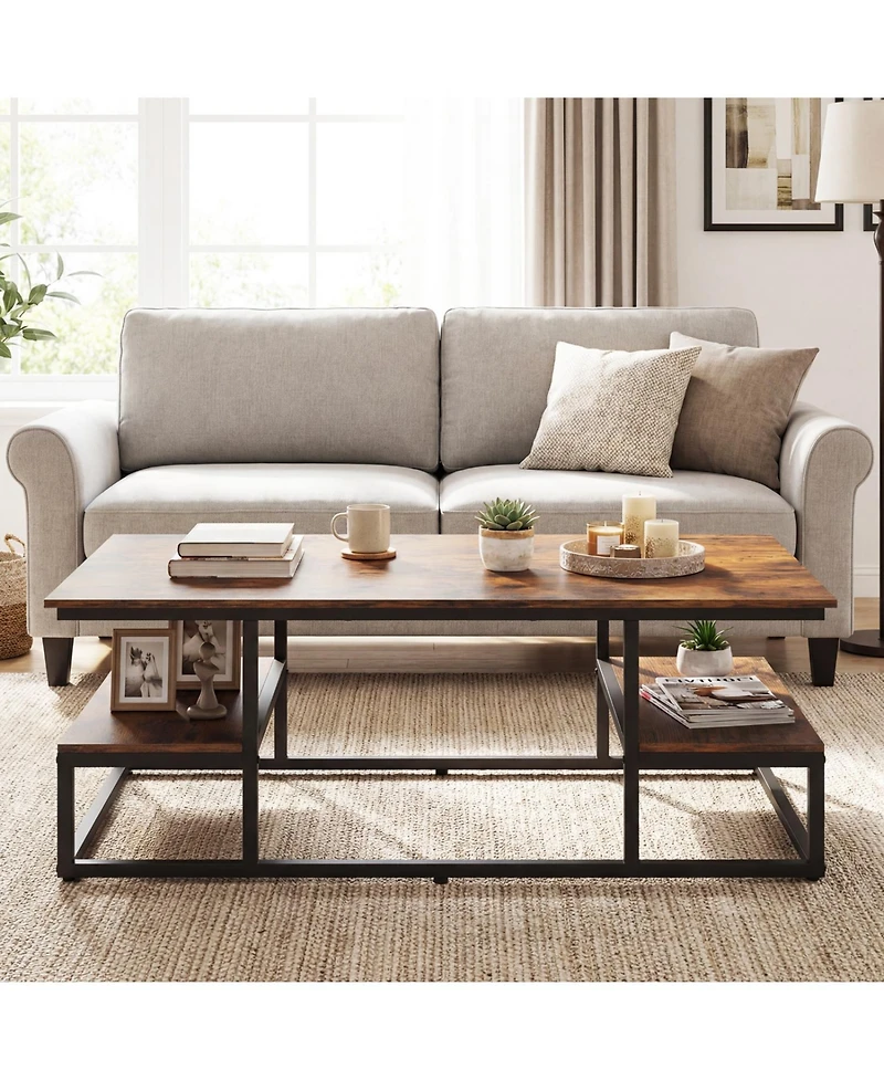 Slickblue Modern Rectangle Coffee Table with Storage Shelf and Open Display Design