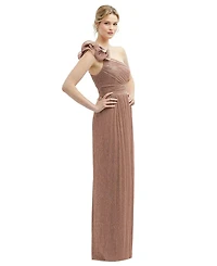 Dramatic Ruffle Edge One-Shoulder Metallic Pleated Maxi Dress