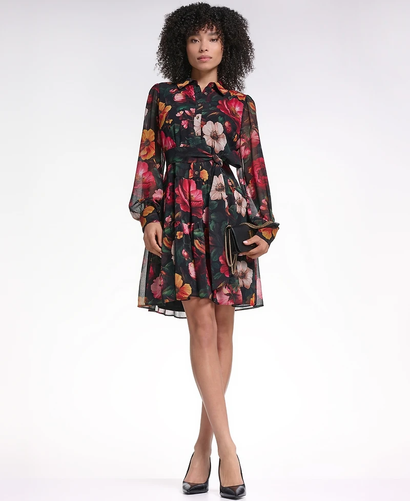 Karl Lagerfeld Paris Women's Printed Grid Chiffon Shirtdress