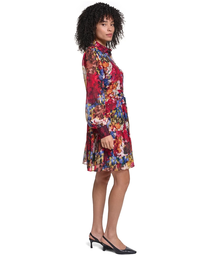 Karl Lagerfeld Paris Women's Printed Metallic Chiffon Shirtdress