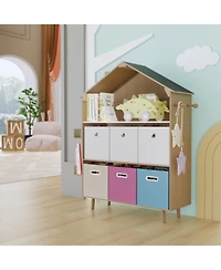 Mega Casa House-Style Kids Storage Cabinet, Multi-Bin Toy Organizer and Book Display Bookcase for Playrooms & Bedrooms