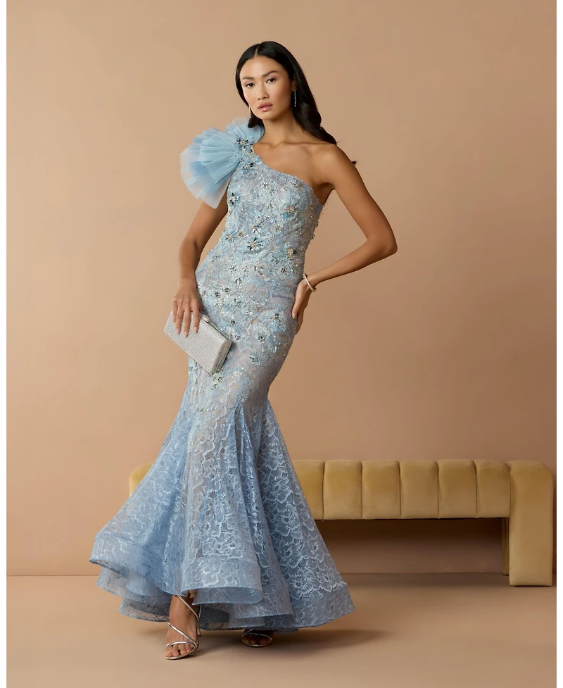 Mac Duggal Women's Embellished Tulle Flower Detail Mermaid Gown