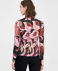 T Tahari Women's Floral Mock-Neck Back-Zip Blouse