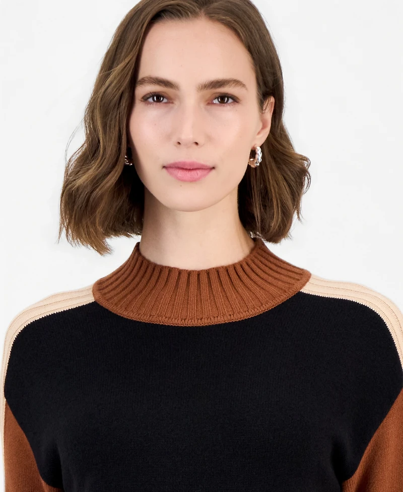 T Tahari Women's Mock Neck Long-Sleeve Colorblock Pullover