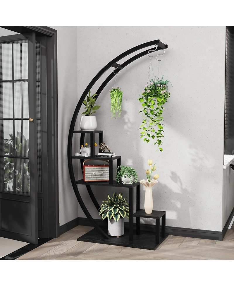 homfan 44"H Round Plant Stand with Steel Frame and Engineered Wood Shelves, Tiered Flower Shelf for Patio Garden Living Room