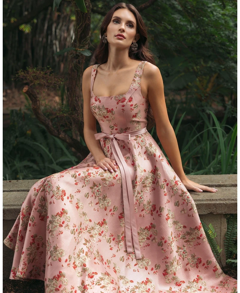 Mac Duggal Petite Pink Floral Brocade Square-Neck Midi Dress