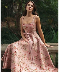 Mac Duggal Petite Pink Floral Brocade Square-Neck Midi Dress