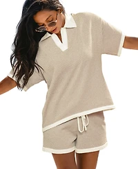 Cupshe Women's Beige and White Striped Terry Polo Top Shorts Matching Set
