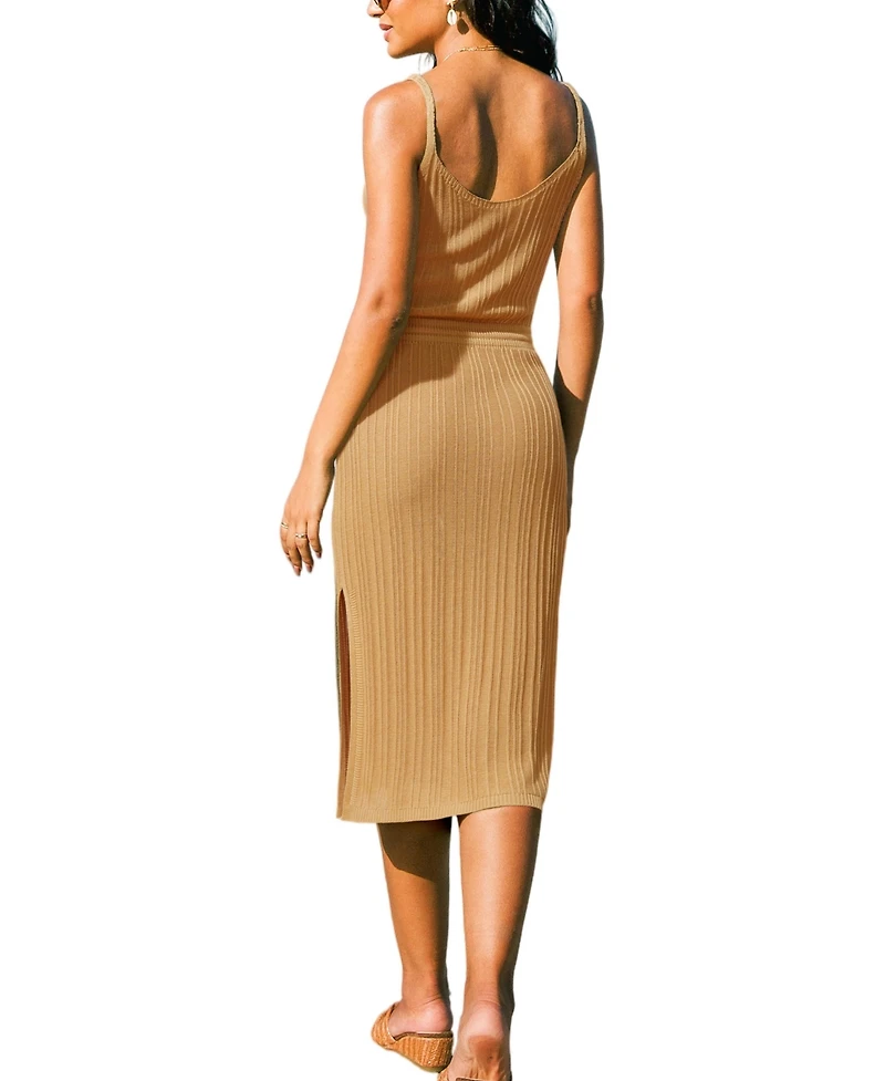 Cupshe Women's Caramel Ribbed Knit Drawstring Waist Midi Dress