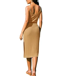 Cupshe Women's Caramel Ribbed Knit Drawstring Waist Midi Dress