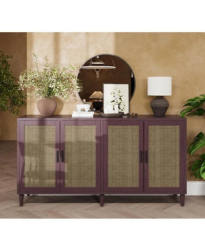 flynama 70 Inch Rattan Four-Door Sideboard Mdf Solid Wood Leg Adjustable Shelf Easy Assembly Home Storage Cabinet