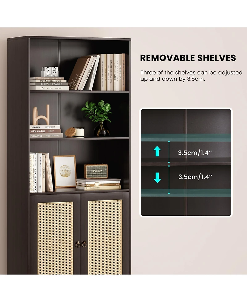 Flynama Tall 5-Tier Bookshelf with Rattan Closed Doors Large-Capacity Wooden Home Library Storage Bookcase