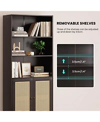 Flynama Tall 5-Tier Bookshelf with Rattan Closed Doors Large-Capacity Wooden Home Library Storage Bookcase