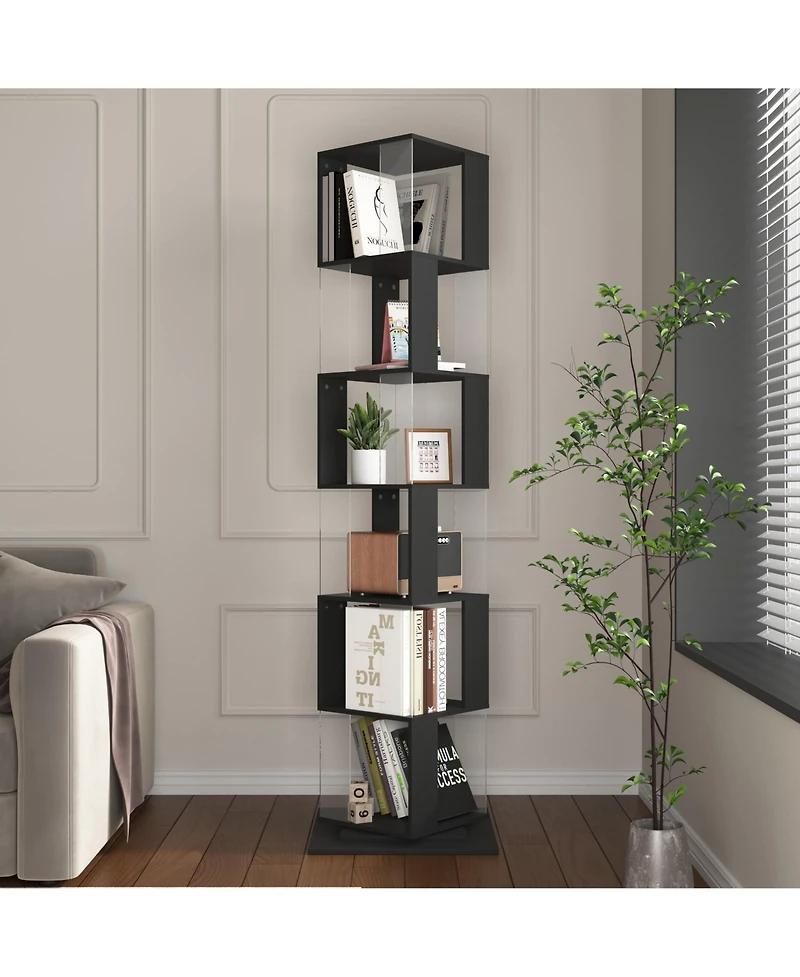 flynama 6-Tier 360 Degree Rotating Bookshelf Particleboard Acrylic Anti-Tall Base Household Multi-Layer Storage Display Shelf