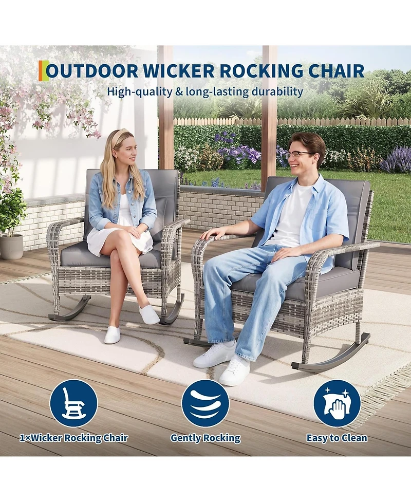 gaomon Outdoor Wicker Rocking Chair Rattan Rocker with Thick Cushion and High Back, All-Weather Patio Chair for Porch, Patio and Garden