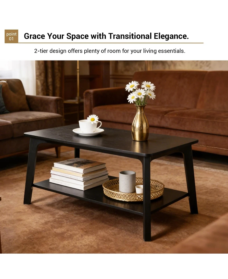 homfan Modern 2-Tier Coffee Table with Storage Shelf, Curved Edges and Tapered Legs, 21.7" x 39.4" x 17.7" Living Room Center Table