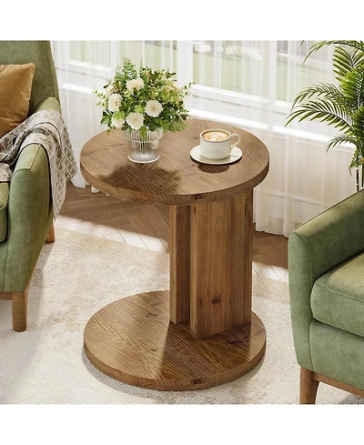 Tribesigns Solid Wood End Table, C-Shaped Round Side Table for Sofa and Bedside