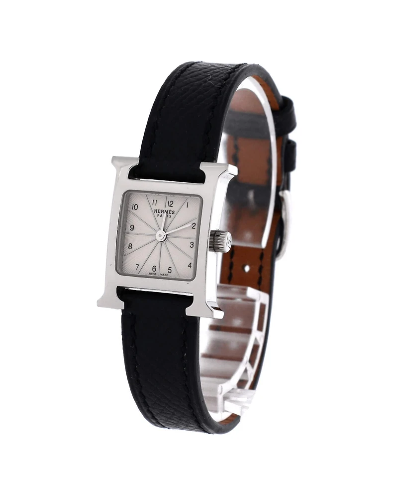 Pre-Owned HERMES Heure H Quartz Watch in Stainless Steel and Leather 17mm