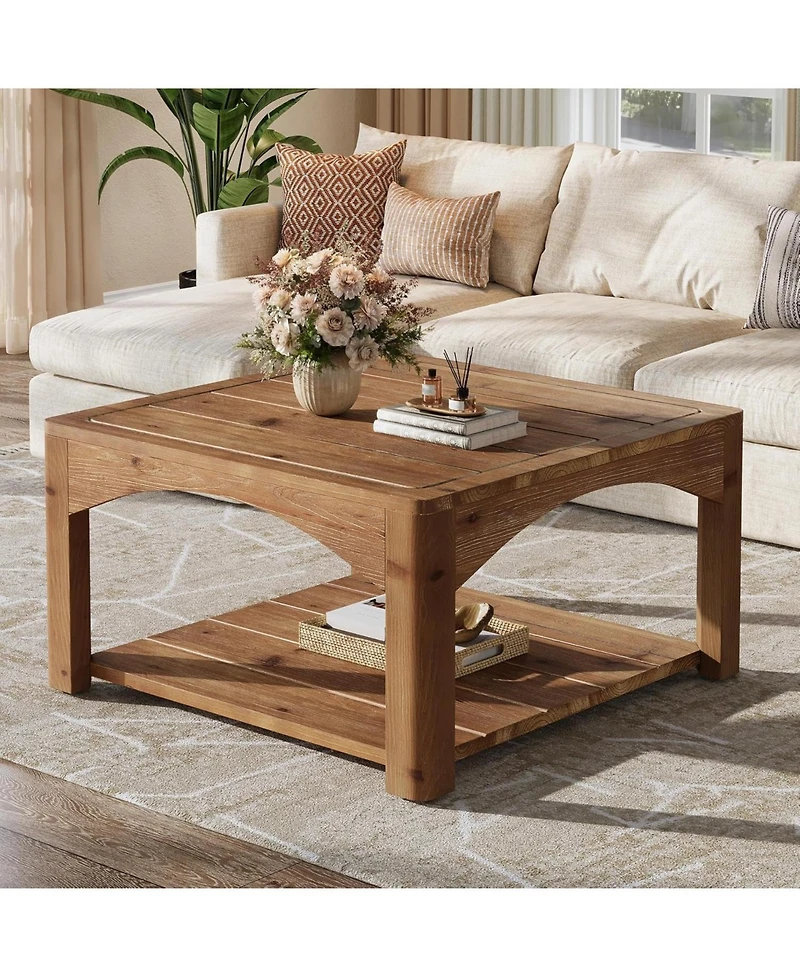 Tribesigns Square Coffee Table, 31.5" Solid Wood Coffee Table, 2-Tier Center Table for Living Room