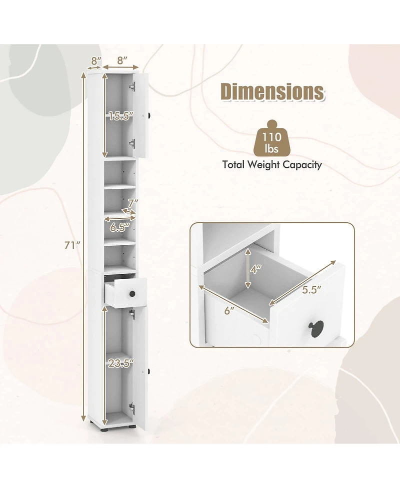 Costway Slim Bathroom Tall Cabinet with 2 Doors, 1 Drawer and 5 Adjustable Shelves for Home
