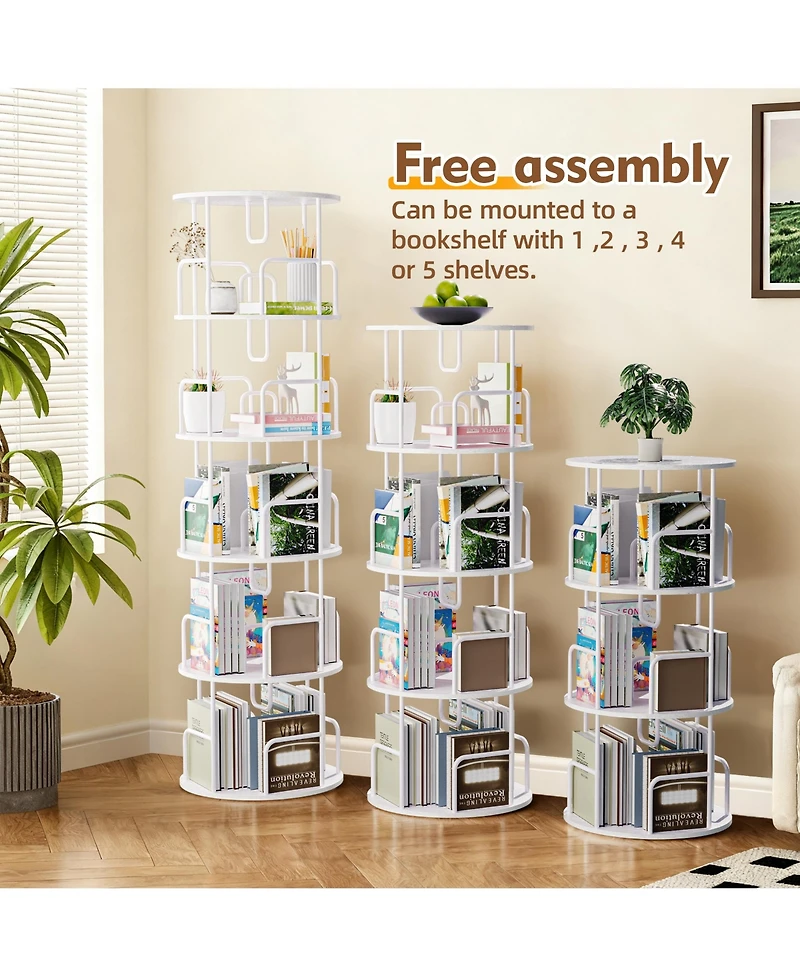 Flynama 5-Tier 360 Degree Rotating Book Tower Vertical Spinning Design Space-Saving Home Living Room Storage Organizer
