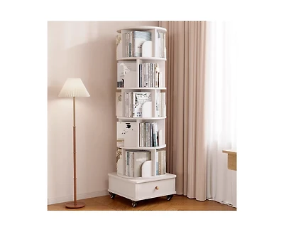 flynama 6-Tier 360 Degree Rotating Bookshelf with Single Drawer, Tall Narrow Wooden Corner Home Display Rack