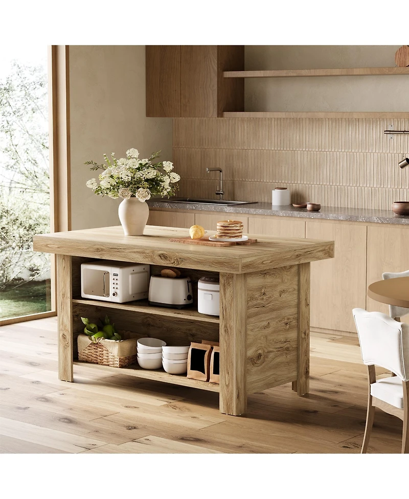 Tribesigns 3-Tier Kitchen Island with Storage, 55'' Farmhouse Wooden Stationary Table Large Worktop and Leg Room