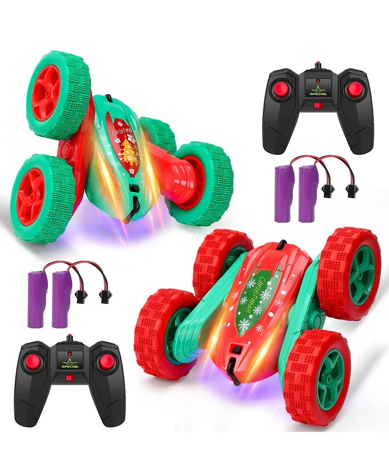 homfan 10.2 x 6.7 x 5.9 in Remote Control Stunt Car Christmas Edition Rc Vehicle with 4 Batteries 360 Spinning Toy for Outdoor Adventure Play