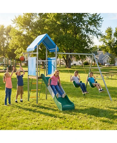 homfan 112 x 110 x 97 Inch Galvanized Steel and Pe Outdoor Kids Treehouse Swing and Slides Playset with 2 Straight Swings
