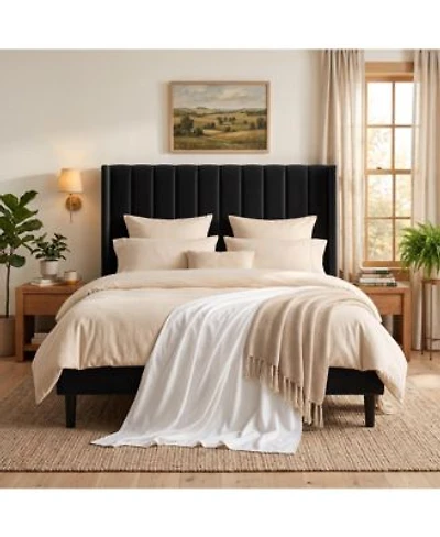 Upholstered Platform Bed Frame With 52 Inch High Vertical Channel Tufted Wingback Headboard Wooden Slat Support No Box Spring Needed